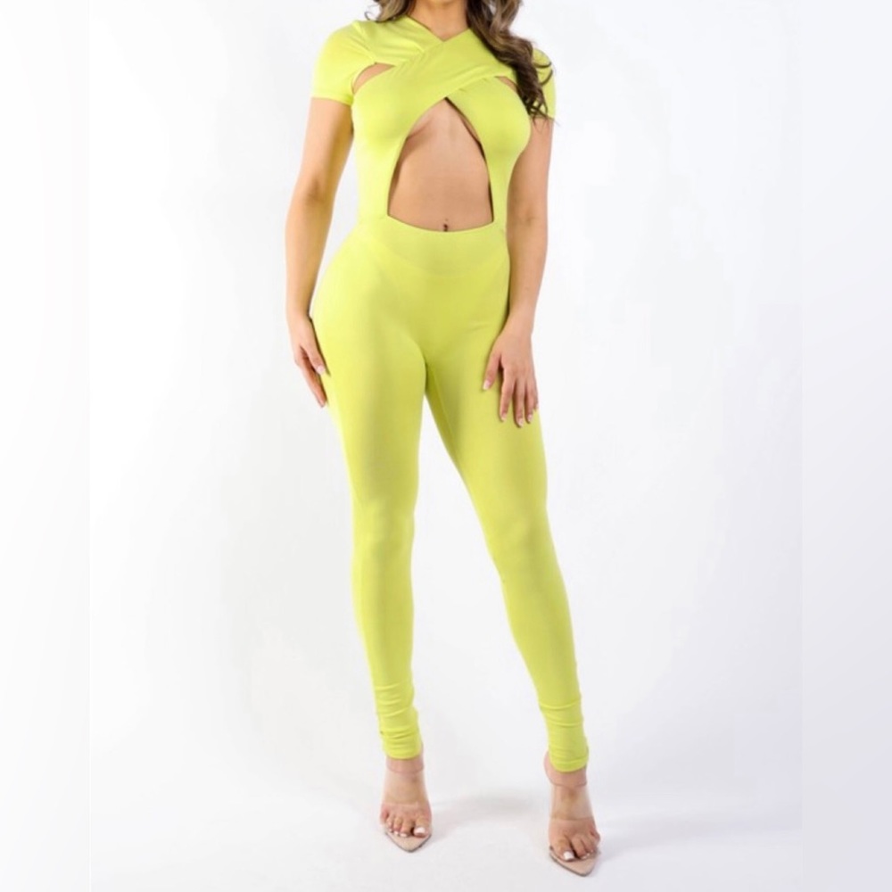 Crossed Front Detailed Lime Green Jumpsuit